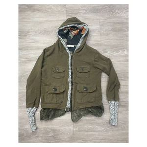 Scrapbook Women's Lace Trim Hooded Jacket, Army Green Zip Up Floral Lined Medium